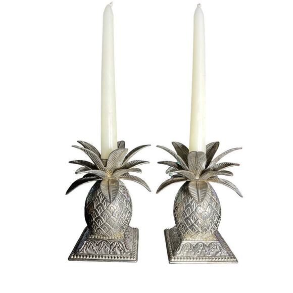 Godinger Pair Silver Plated Tropical Pineapple Leaf Candle Holders. Beachy.Decor - Picture 1 of 5